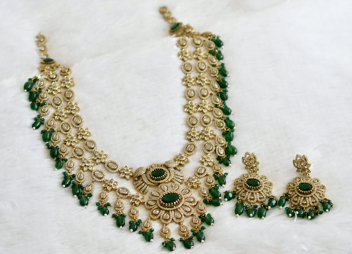 Antique cz-green beaded peacock-flower double layer victorian short haar set dj-49461