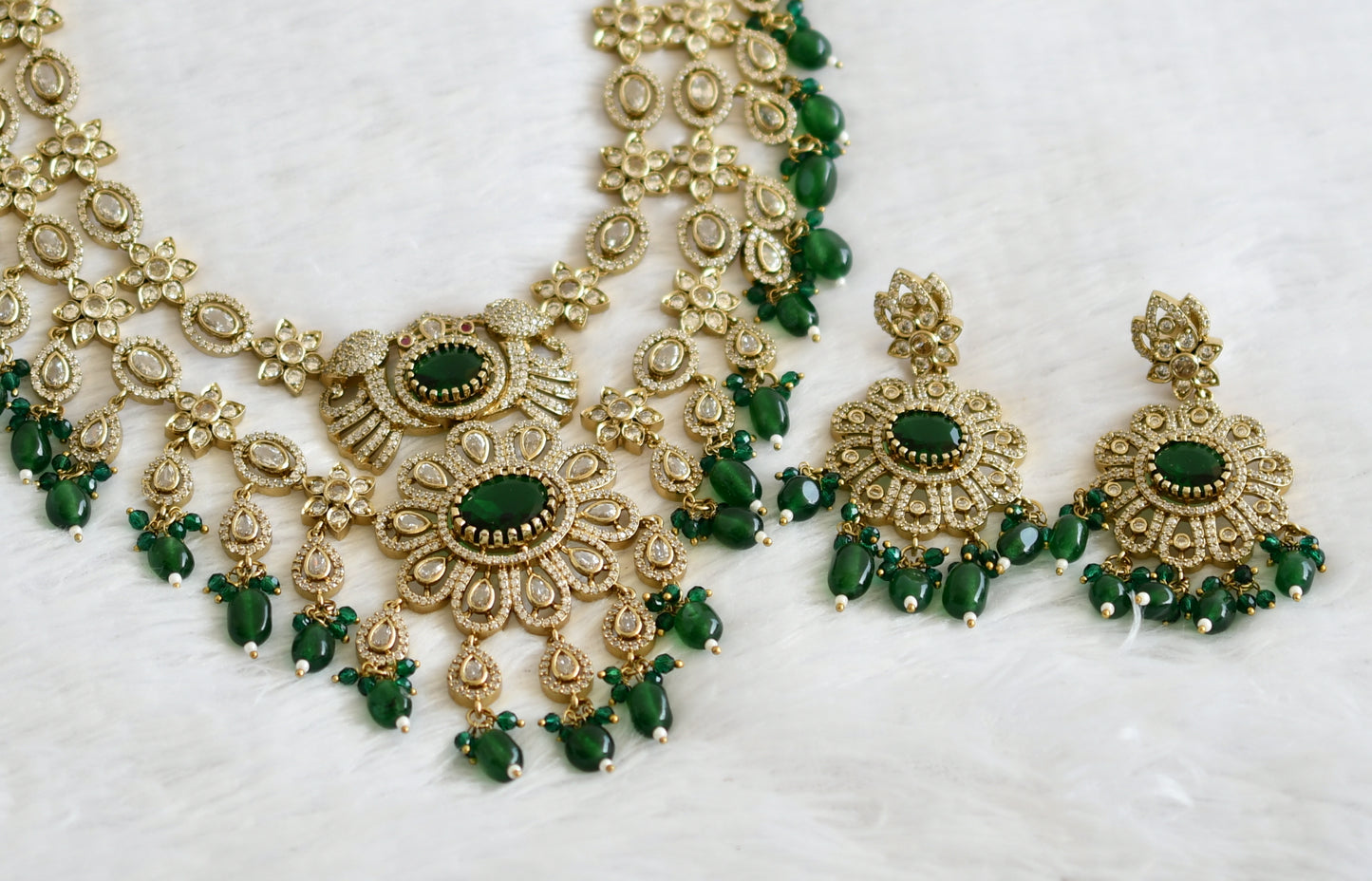 Antique cz-green beaded peacock-flower double layer victorian short haar set dj-49461