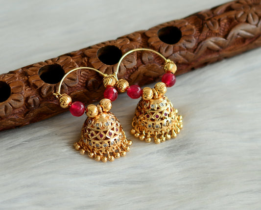 Gold tone ruby-white beaded hoop jhumkka dj-42801