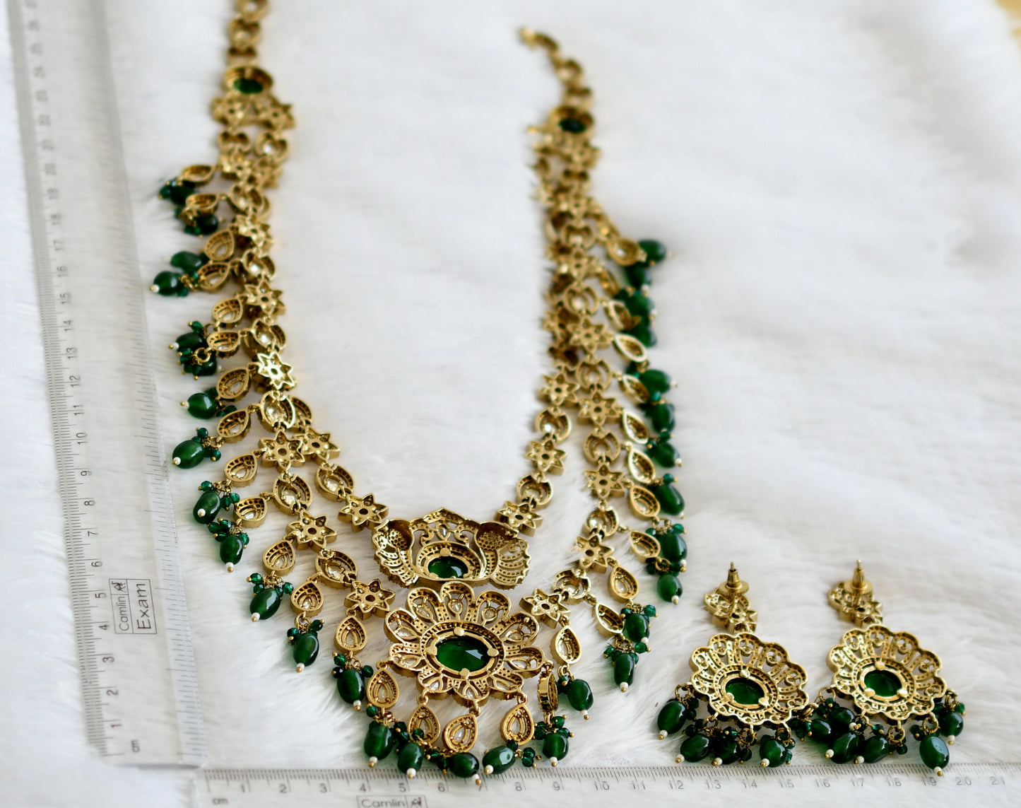 Antique cz-green beaded peacock-flower double layer victorian short haar set dj-49461