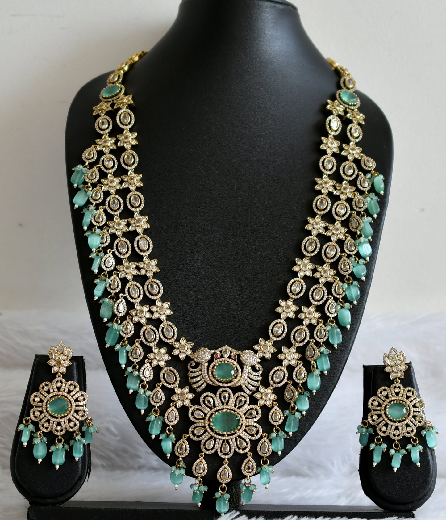 Antique cz-sea green beaded peacock-flower double layer victorian short haar set dj-49462