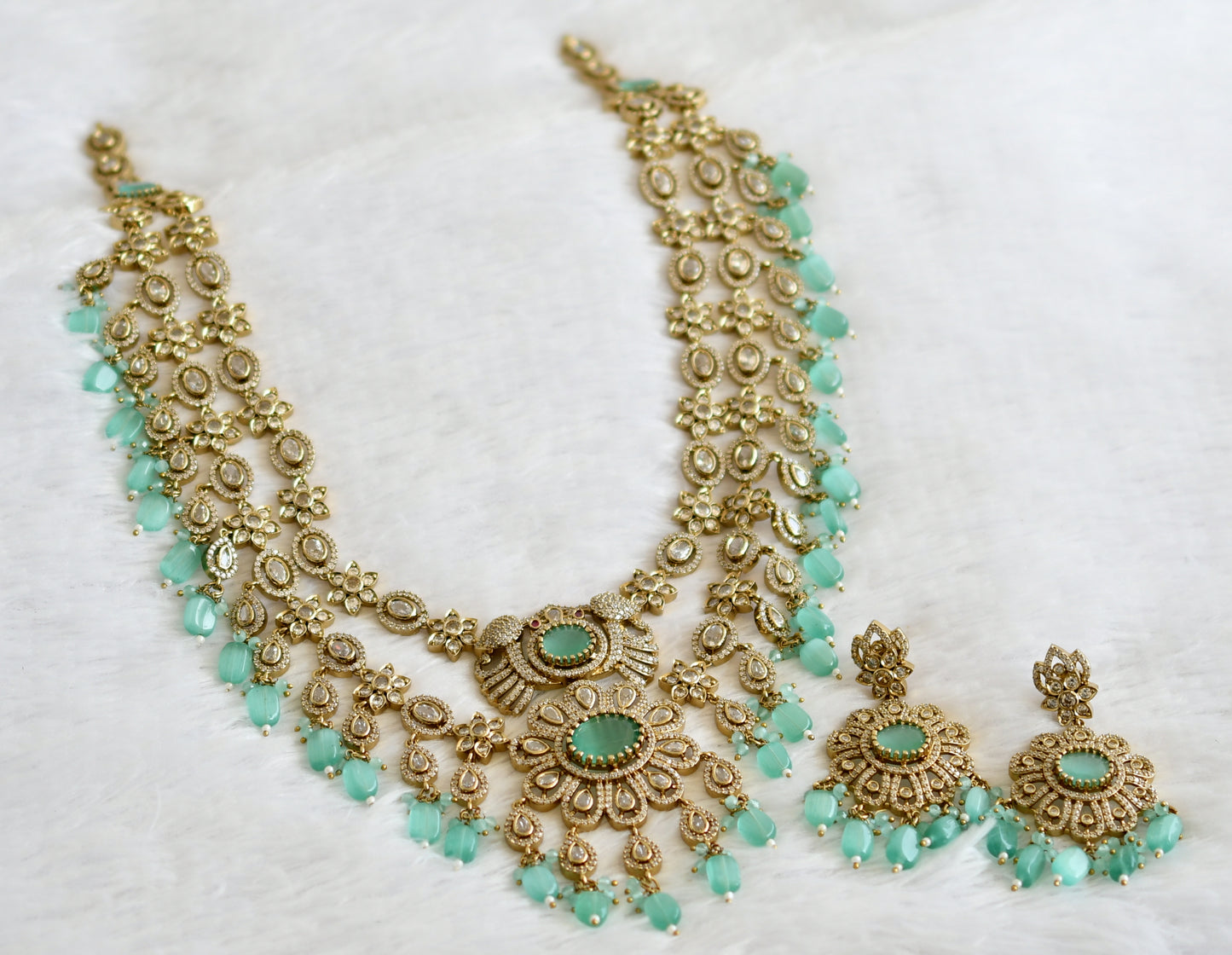 Antique cz-sea green beaded peacock-flower double layer victorian short haar set dj-49462