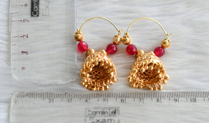 Gold tone ruby-white beaded hoop jhumkka dj-42801