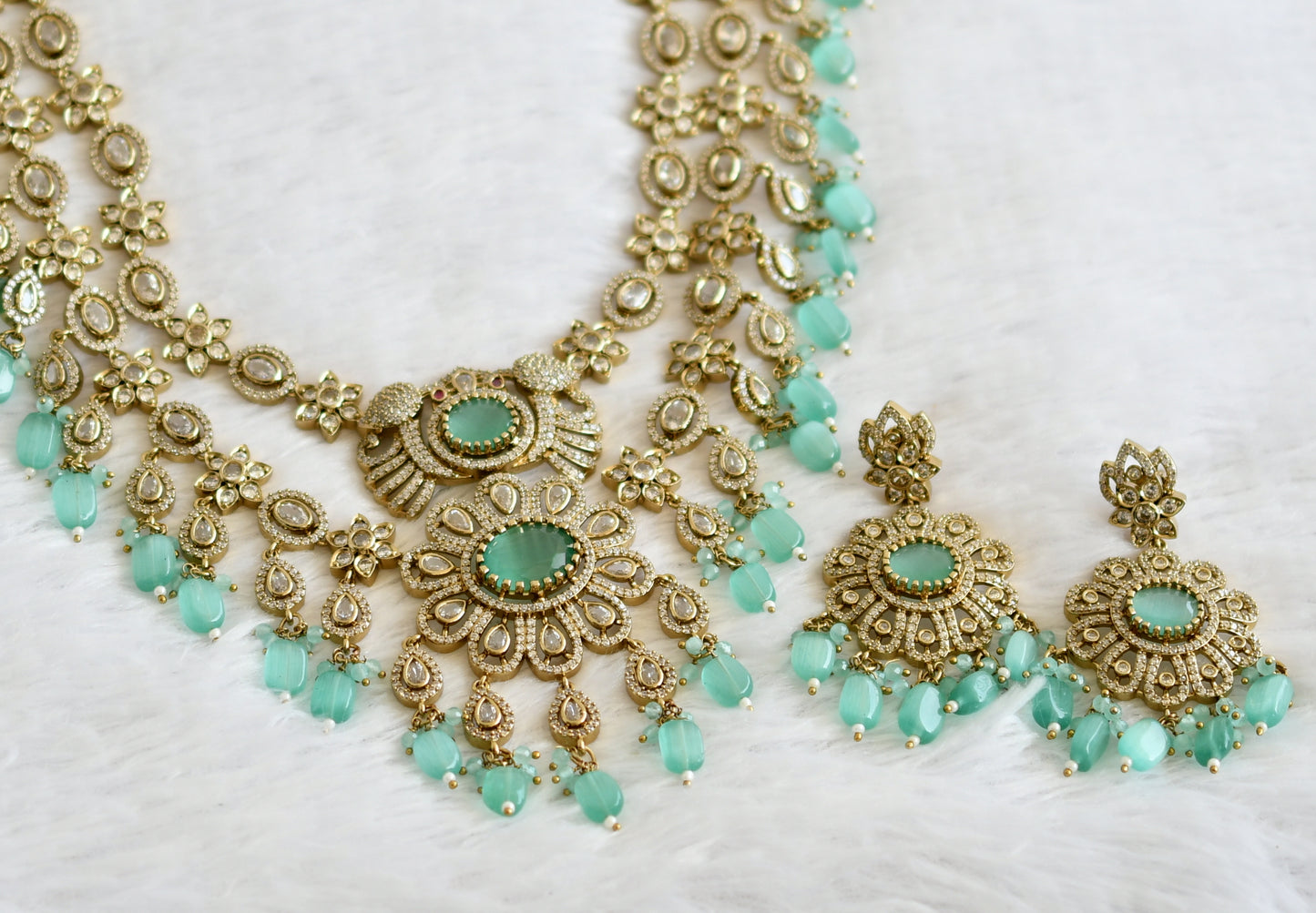 Antique cz-sea green beaded peacock-flower double layer victorian short haar set dj-49462