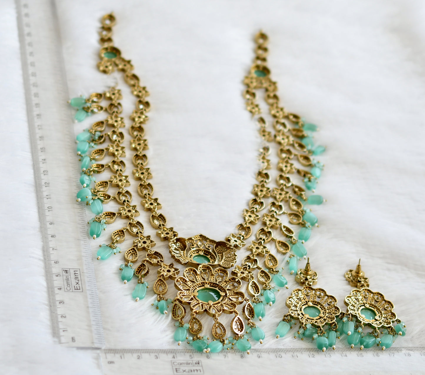 Antique cz-sea green beaded peacock-flower double layer victorian short haar set dj-49462