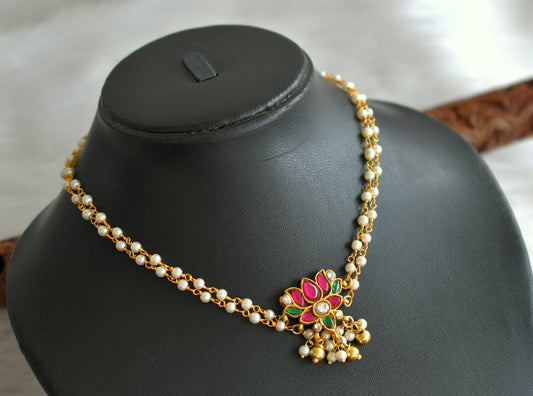 Gold tone pink -green pearl kundan jadau lotus necklace dj-42794
