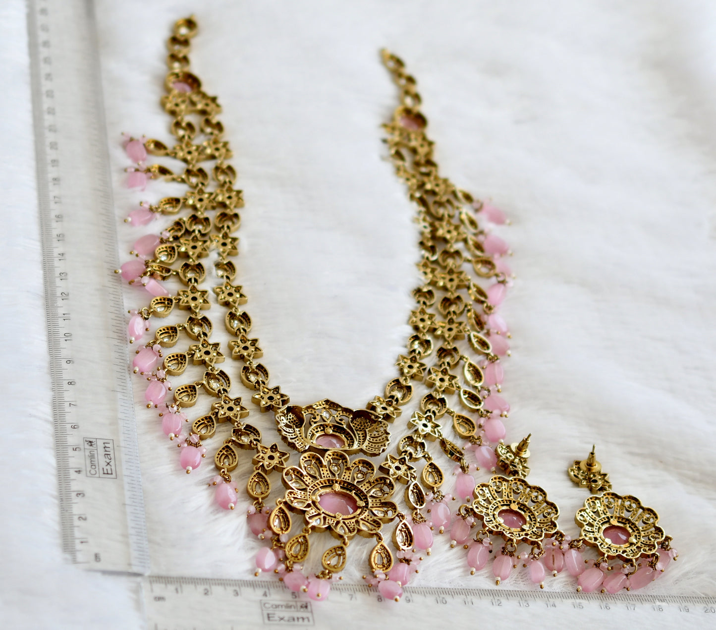 Antique cz-baby pink beaded peacock-flower double layer victorian short haar set dj-49463