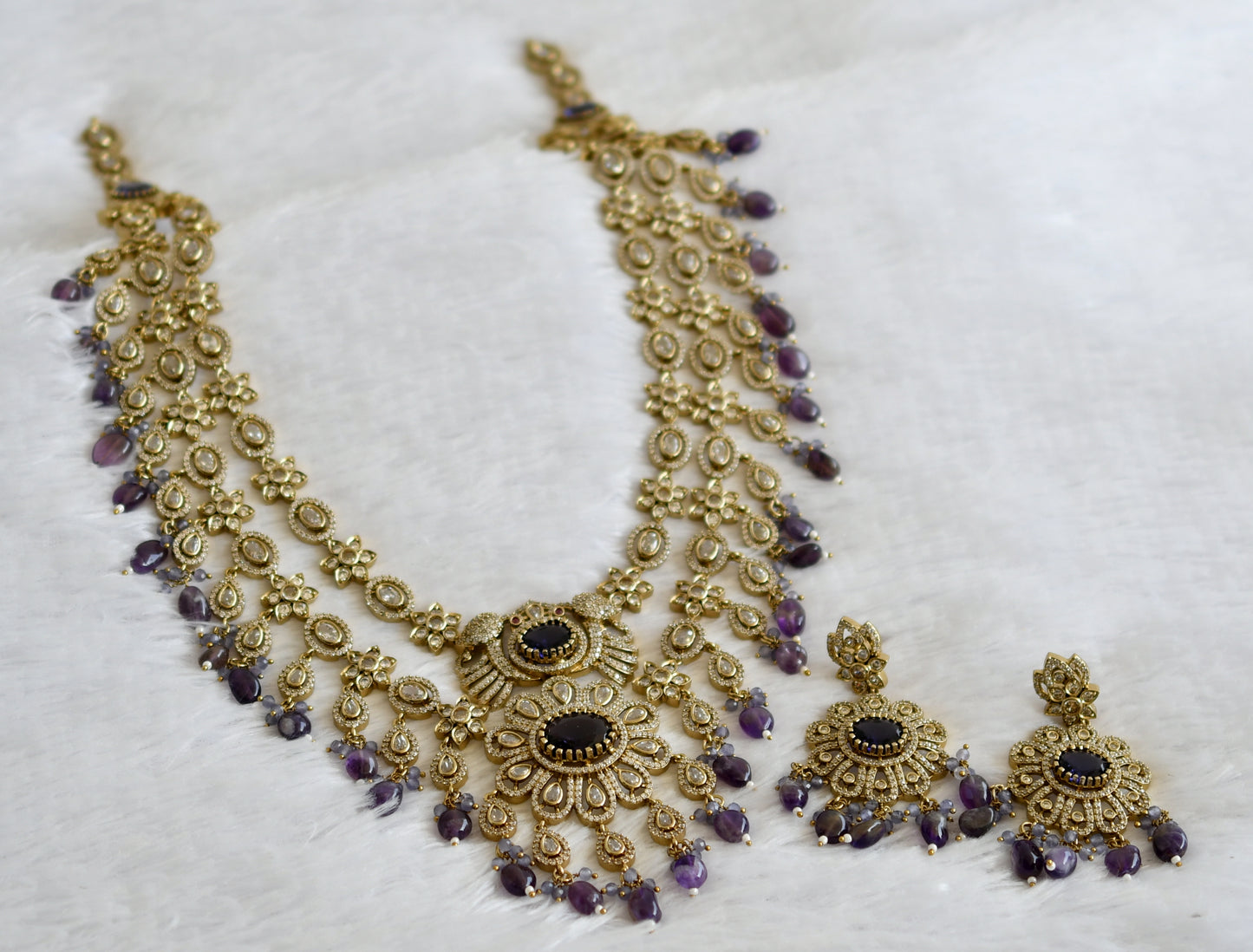 Antique cz-purple beaded peacock-flower double layer victorian short haar set dj-49464