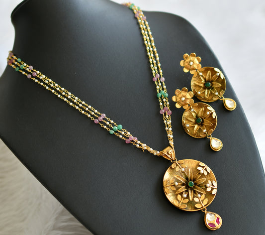 Antique gold tone pink-green-pearl replica necklace set dj-44238
