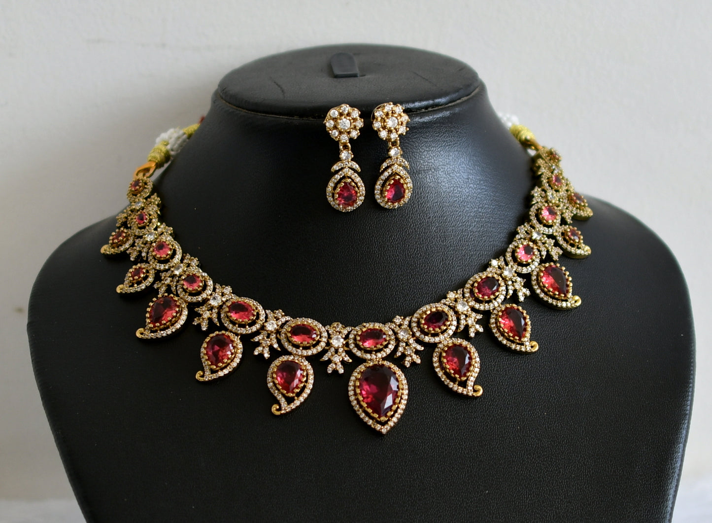 Antique cz-magenta pink stone mango victorian necklace set dj-49440