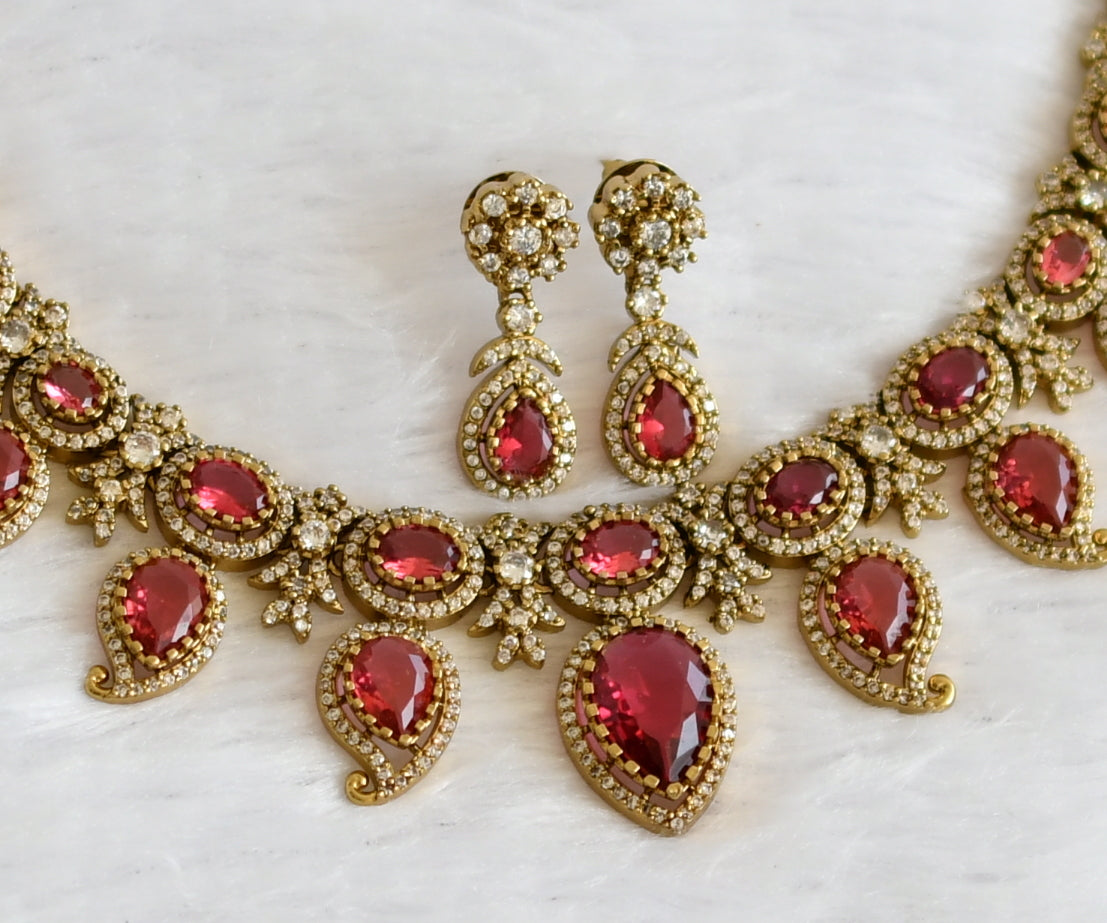 Antique cz-magenta pink stone mango victorian necklace set dj-49440