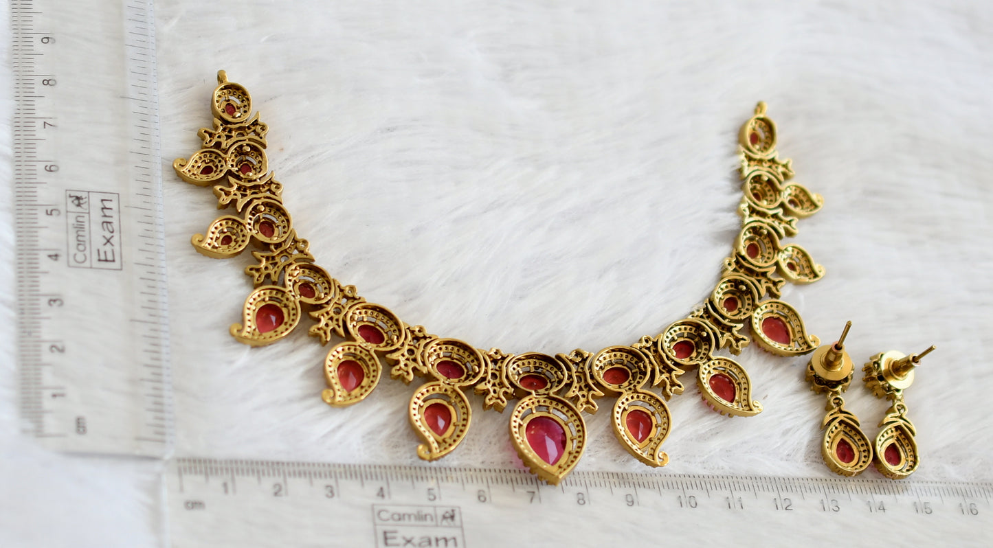 Antique cz-magenta pink stone mango victorian necklace set dj-49440