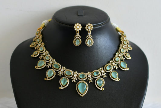 Antique cz-sea green stone mango victorian necklace set dj-49442