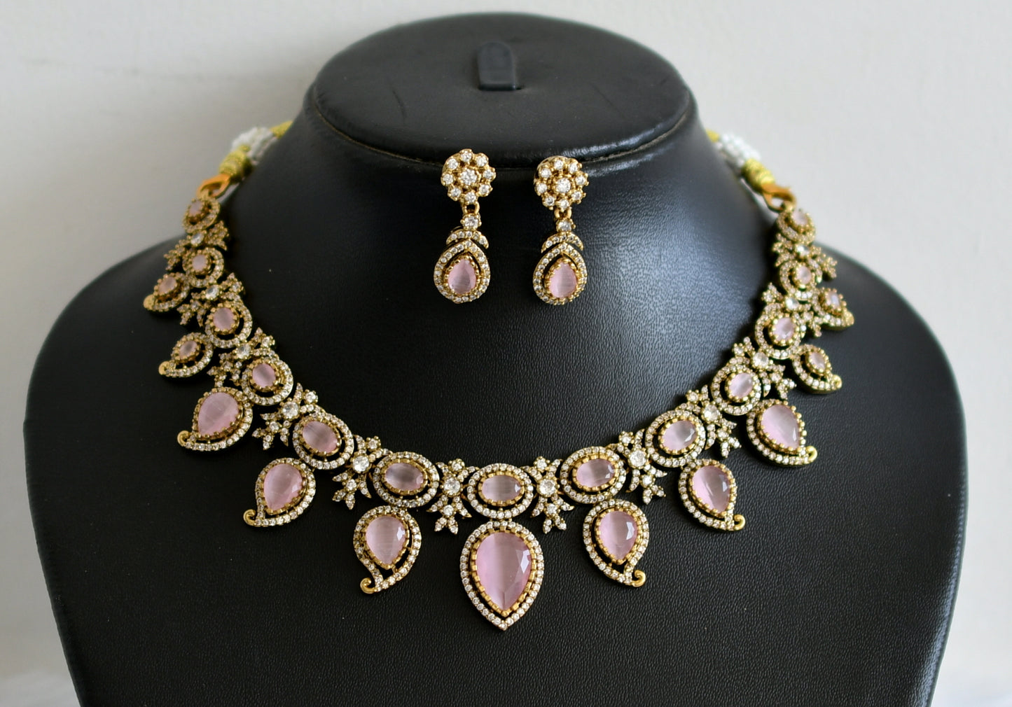 Antique cz-baby pink stone mango victorian necklace set dj-49438