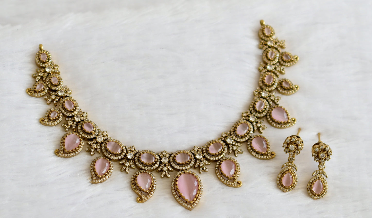 Antique cz-baby pink stone mango victorian necklace set dj-49438