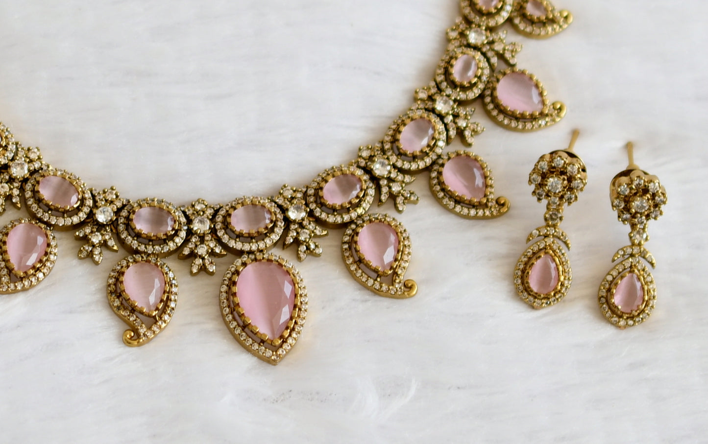 Antique cz-baby pink stone mango victorian necklace set dj-49438