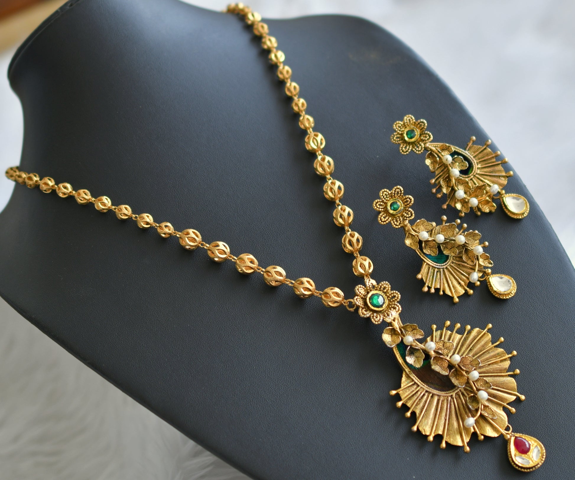Long Necklace Peacock Feather Jewellery Set Antique Gold Tone