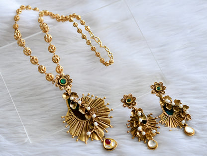 Antique gold tone replica pink-green-pearl peacock feather necklace set dj-44244