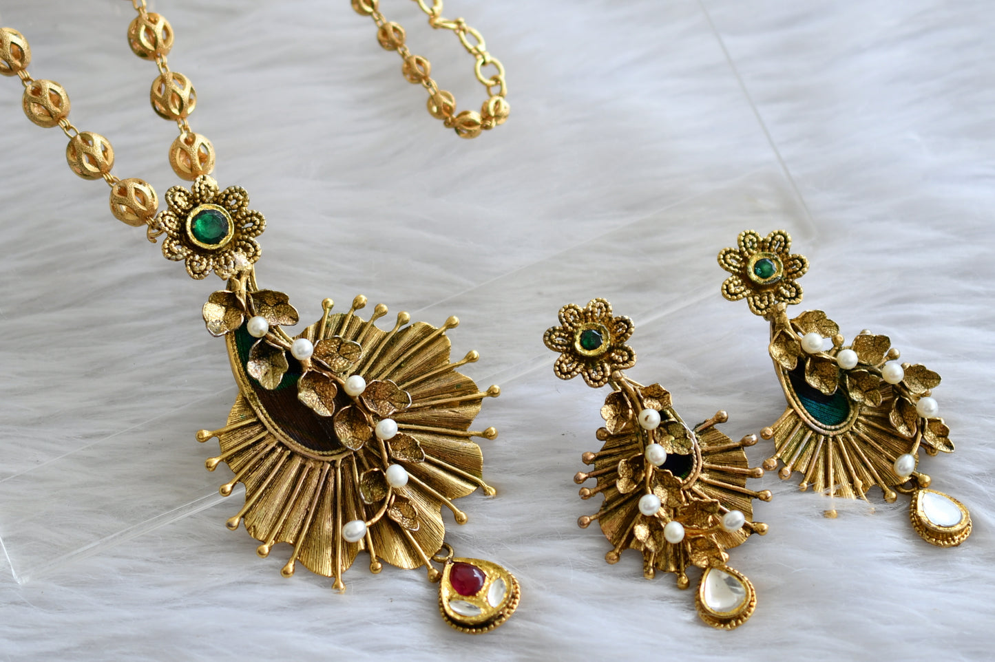 Antique gold tone replica pink-green-pearl peacock feather necklace set dj-44244