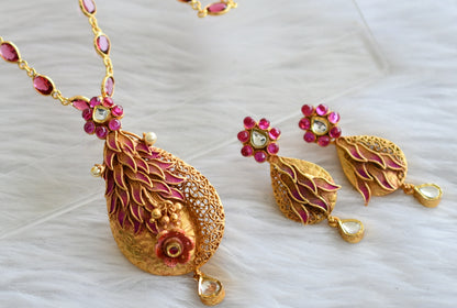 Antique gold tone magenta pink stone chain replica meenakari necklace set dj-44243