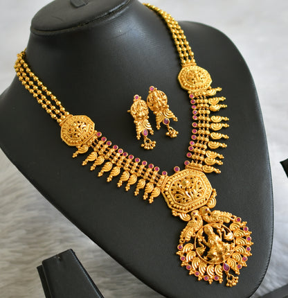 Gold tone ruby stone lakshmi peacock necklace set dj-47629