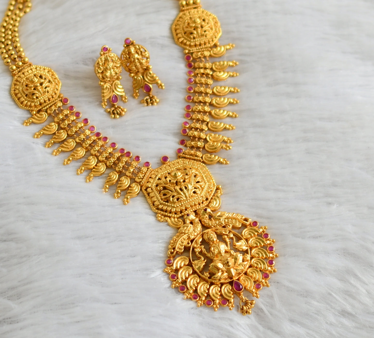 Gold tone ruby stone lakshmi peacock necklace set dj-47629