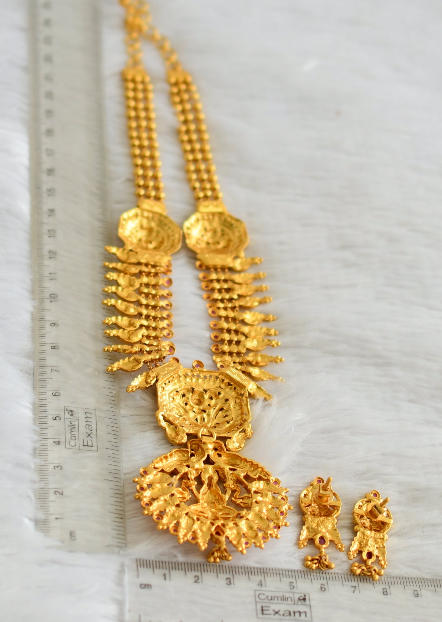 Gold tone ruby stone lakshmi peacock necklace set dj-47629