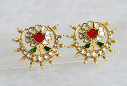 Gold tone pink-white-green Rose kundan jadau pearl earrings dj-41683