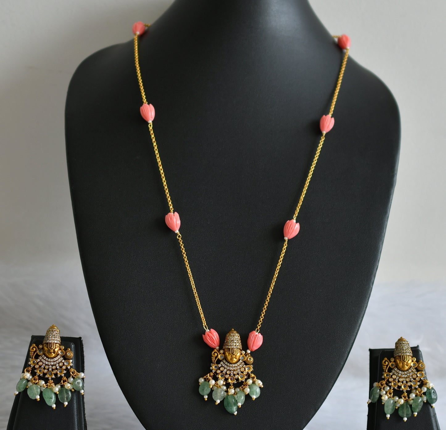 Antique cz sea green-baby pink tulip beaded sri thirumala victorian short haar set dj-49451