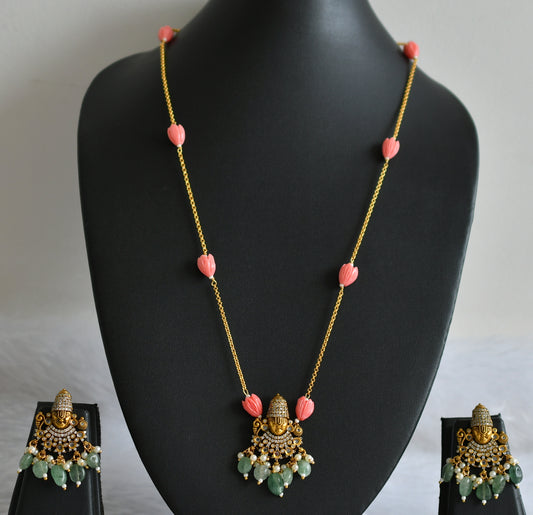 Antique cz sea green-baby pink tulip beaded sri thirumala victorian short haar set dj-49451