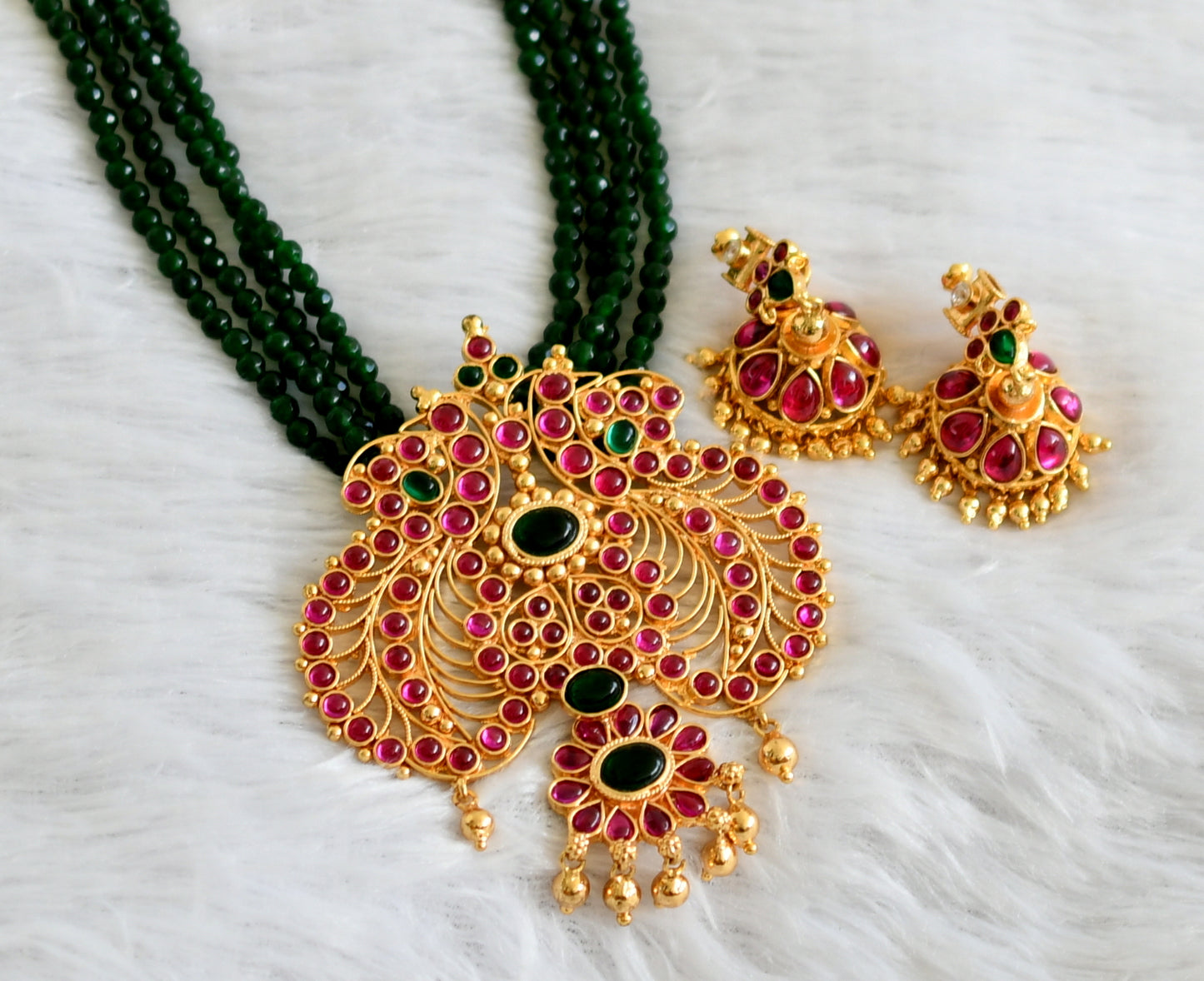 Gold tone real kemp-geen stone green beaded haar set dj-47635