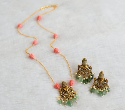 Antique cz sea green-baby pink tulip beaded sri thirumala victorian short haar set dj-49451