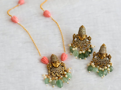 Antique cz sea green-baby pink tulip beaded sri thirumala victorian short haar set dj-49451