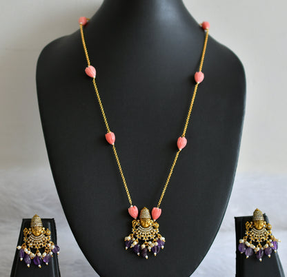 Antique cz-purple-baby pink tulip beaded sri thirumala victorian short haar set dj-49452