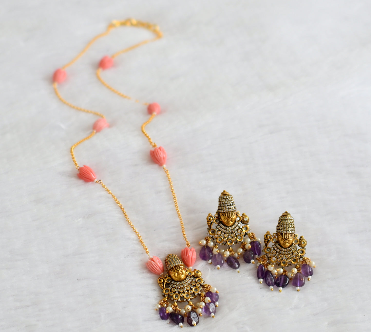 Antique cz-purple-baby pink tulip beaded sri thirumala victorian short haar set dj-49452