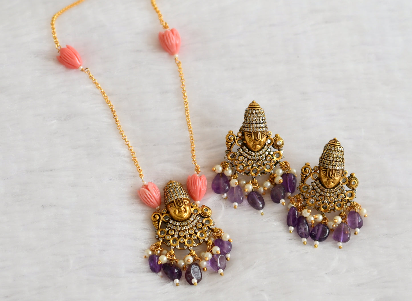 Antique cz-purple-baby pink tulip beaded sri thirumala victorian short haar set dj-49452