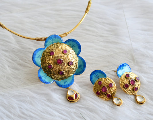 Antique gold tone ruby-white meenakari flower hasli necklace set dj-44225