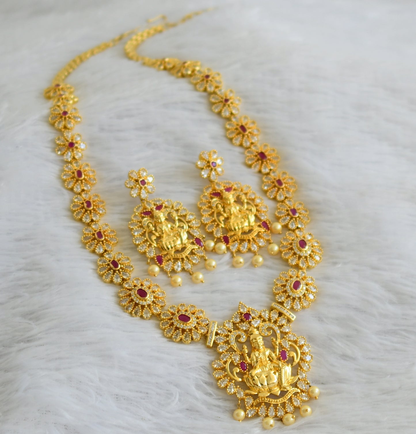 Gold tone cz ruby-white lakshmi flower haar set dj-47631