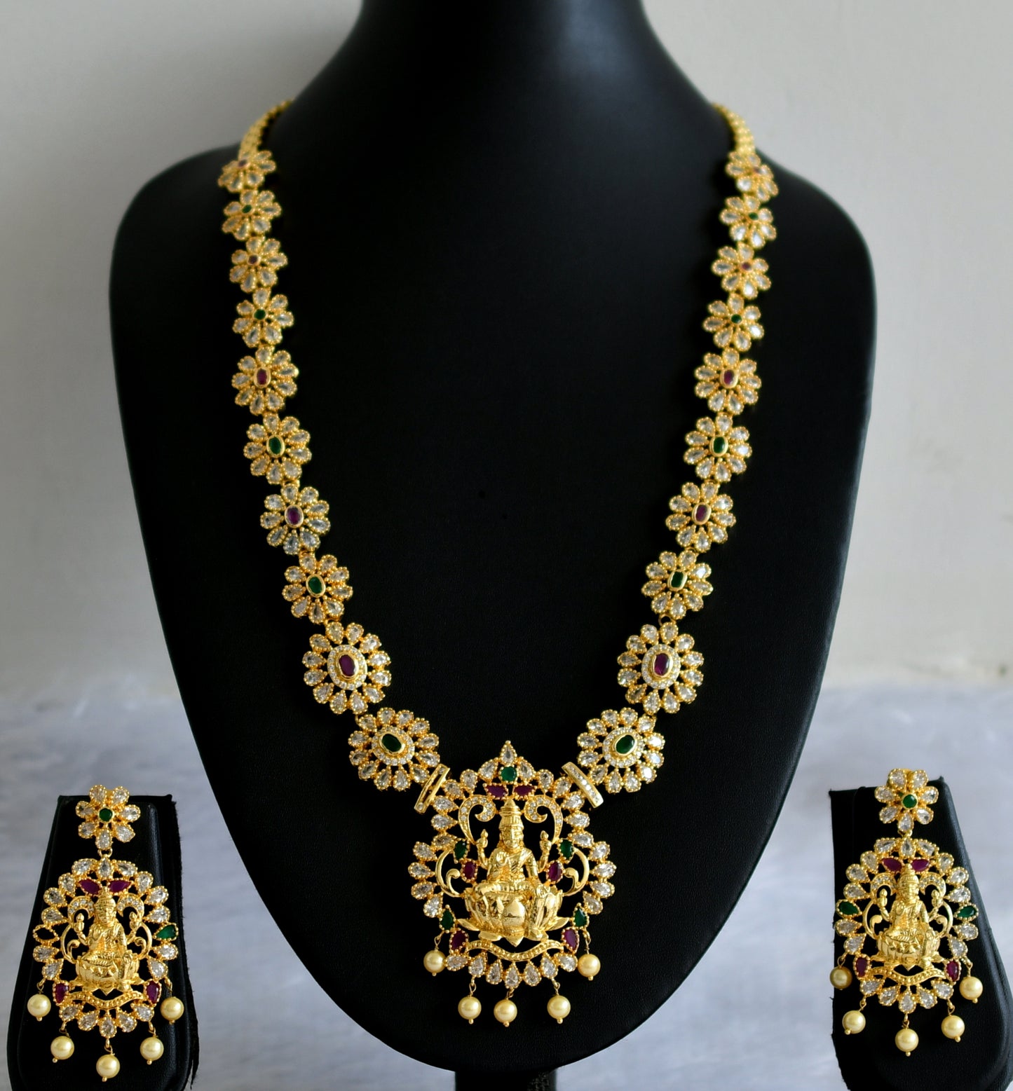 Gold tone cz ruby-green-white pearl lakshmi flower haar set dj-47630