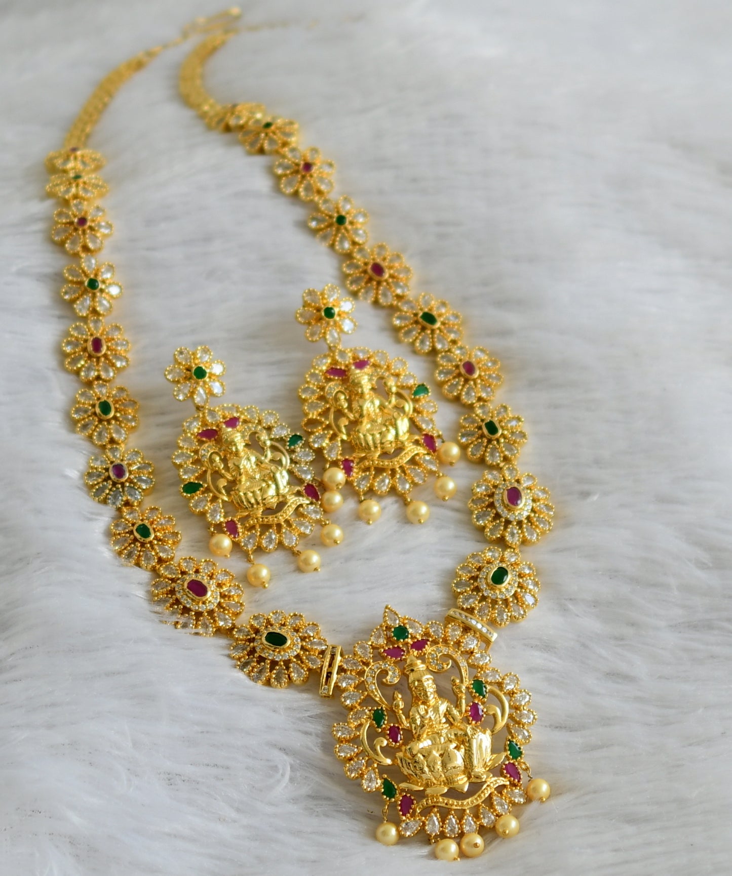 Gold tone cz ruby-green-white pearl lakshmi flower haar set dj-47630