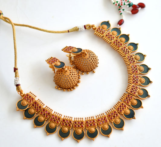 Matte finish Maroon Kerala style Blue round necklace set dj-42808