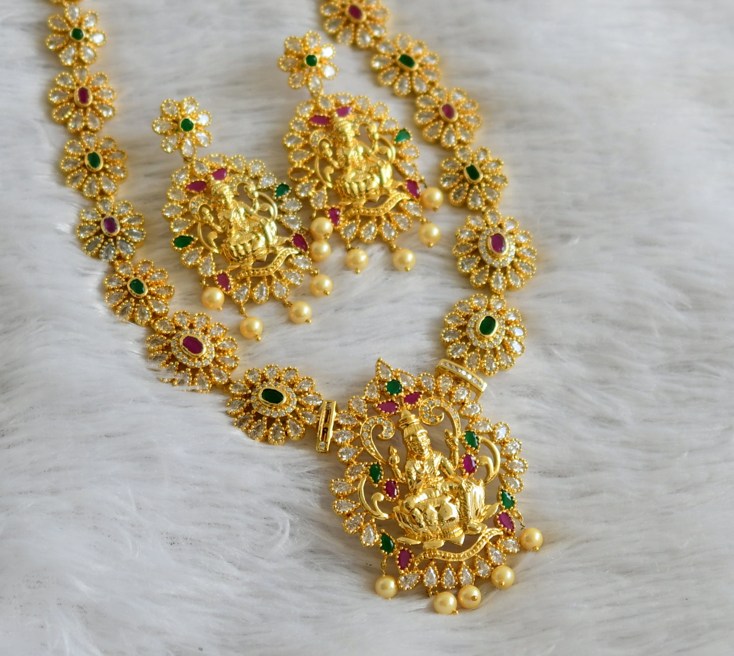 Gold tone cz ruby-green-white pearl lakshmi flower haar set dj-47630