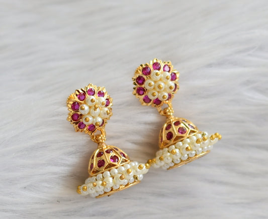 Gold tone ad pink stone pearl jhumkka dj-46015