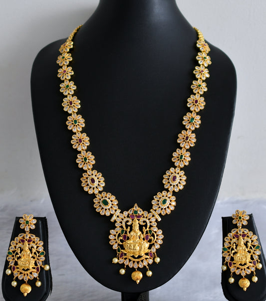 Gold tone cz ruby-green-white lakshmi flower haar set dj-47632