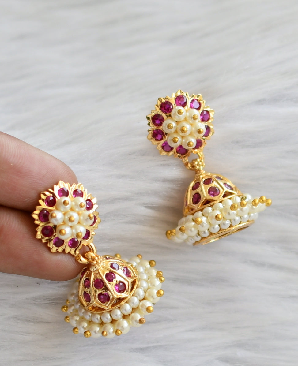 Gold tone ad pink stone pearl jhumkka dj-46015