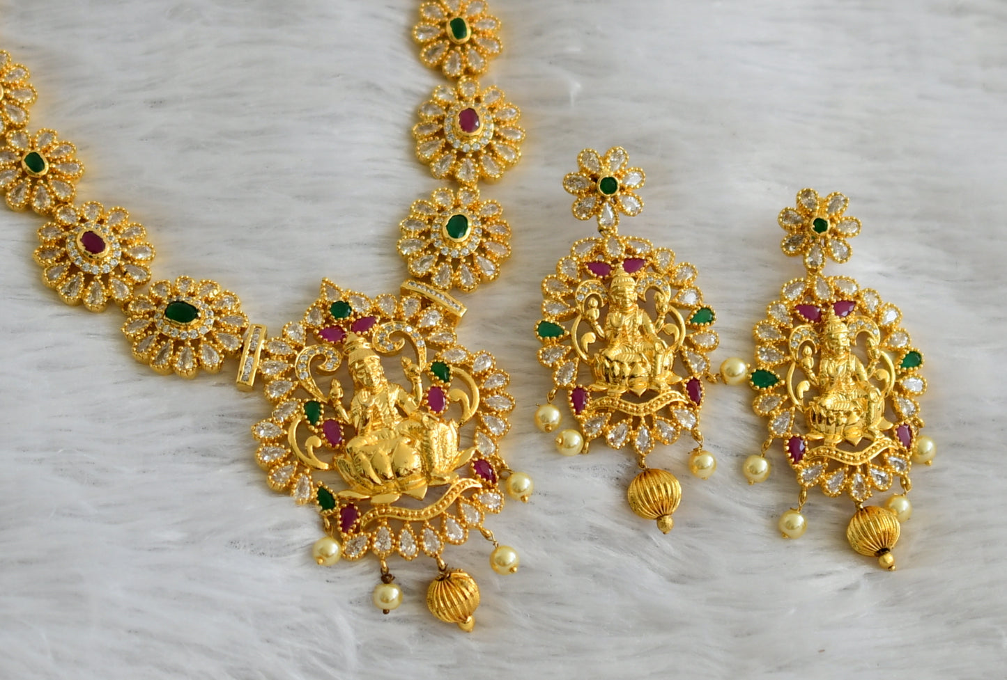 Gold tone cz ruby-green-white lakshmi flower haar set dj-47632