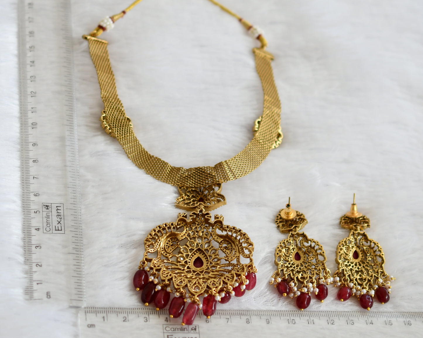 Antique cz-ruby pearl beaded peacock victorian necklace set dj-49455