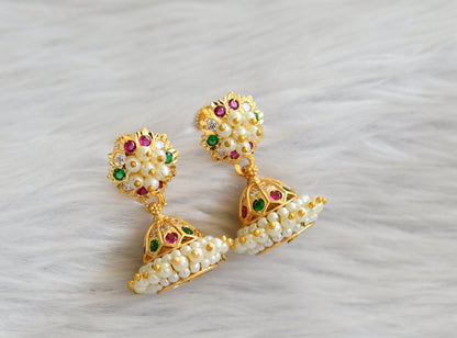 Gold tone ad pink-green-white stone pearl jhumkka dj-46017