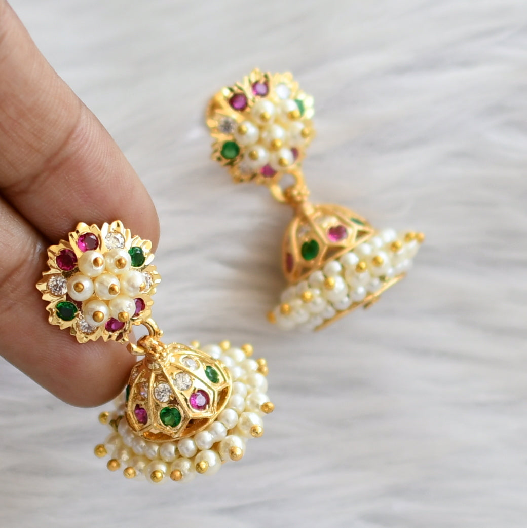 Gold tone ad pink-green-white stone pearl jhumkka dj-46017