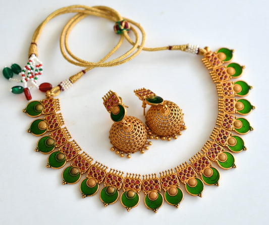 Matte finish Kerala style Maroon-green round necklace set dj-42810